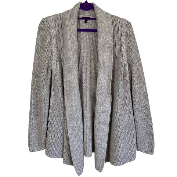 Talbots Sz XL Petite Oatmeal Marled Chunky Cable Knit Open Front Cardigan Cotton - Picture 2 of 16